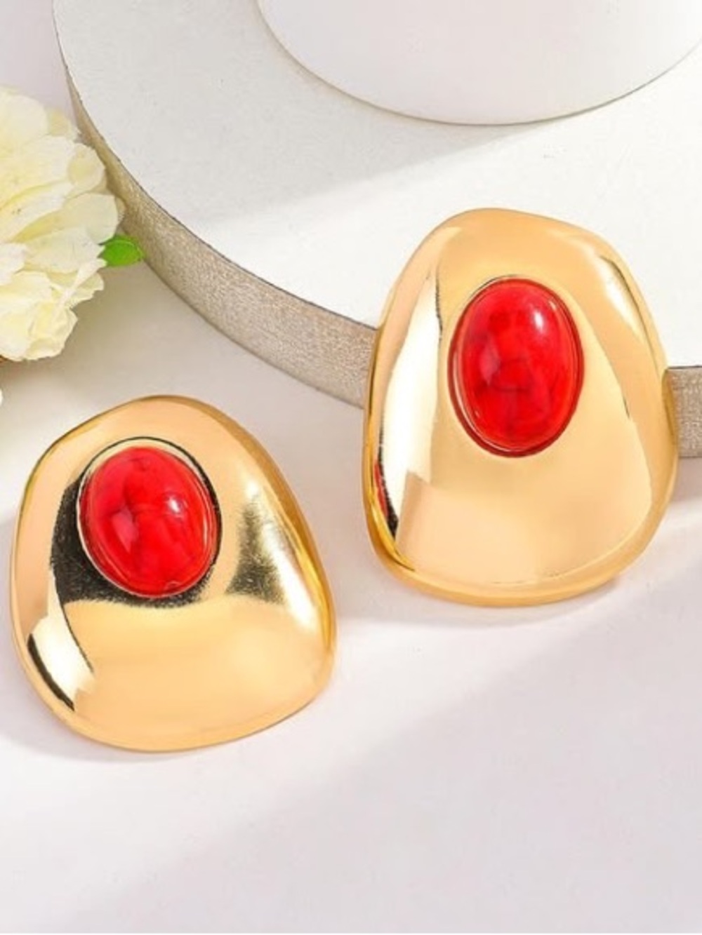 Anthropologie Gold-Tone Statement Earrings with Red Cabochon - Picture 5 of 6